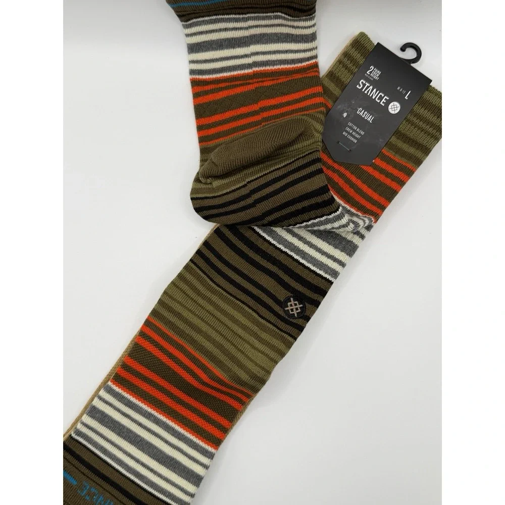 Stance Casual 2 Pack Socks Green Orange Stripe Crew Mid Cushion Mens L NWT